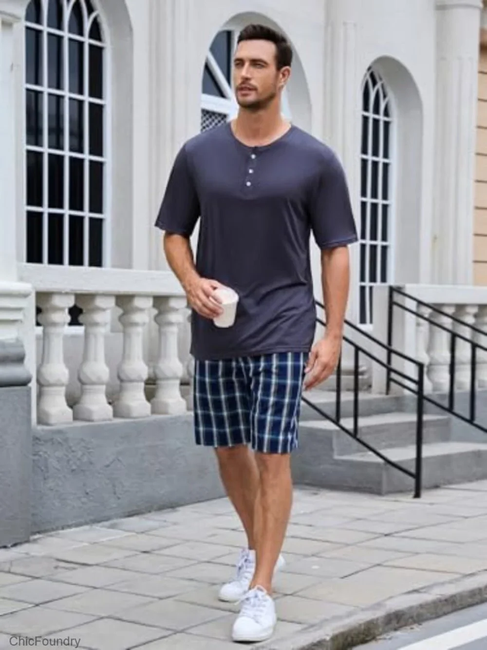 Men's Bamboo Viscose Cotton Pajama Set Short Sleeve Henley Lounge Sleepwear